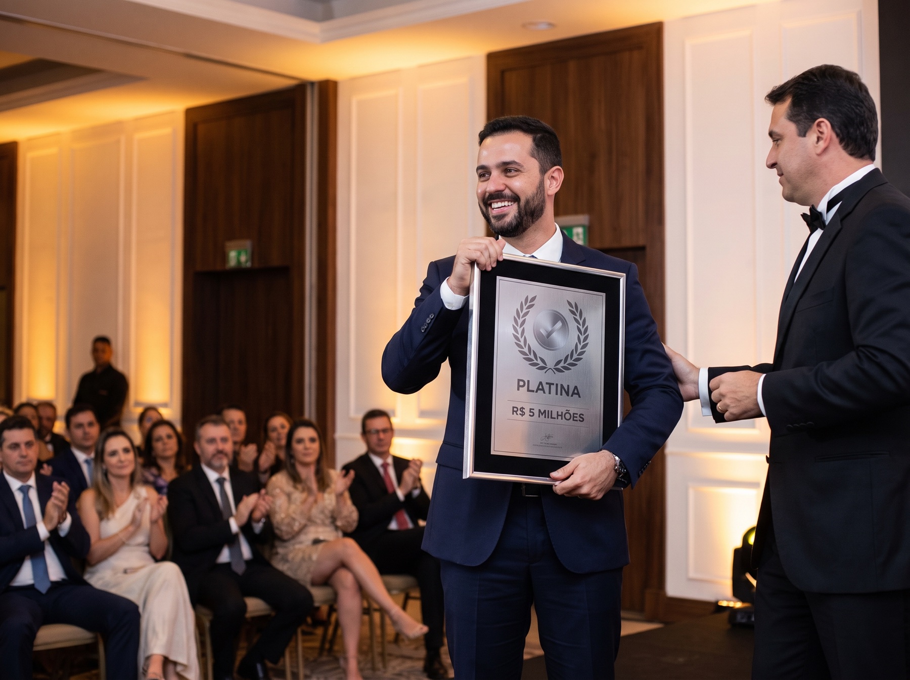 Fisioterapia recebendo a placa Platina, imagem ilustrativa gerada por IA